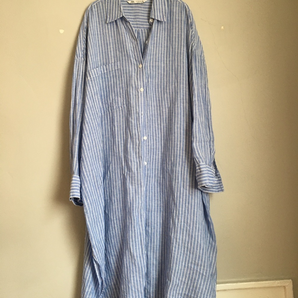Zara Linen Blue and White Striped Button Down Tunic Size XXL